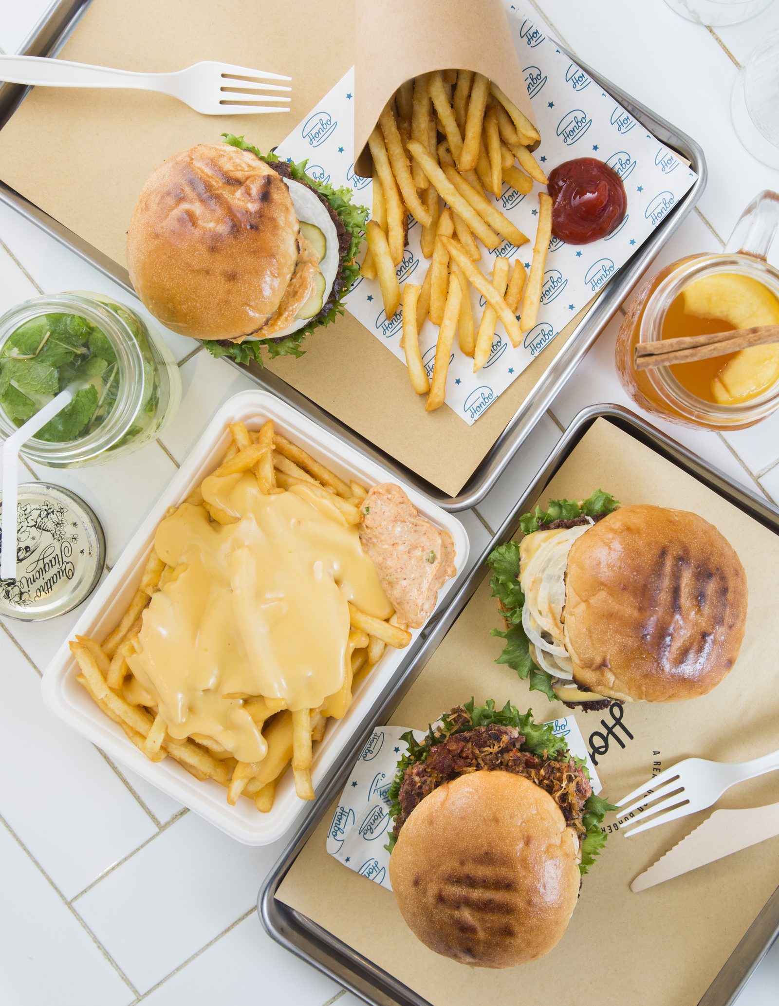 Honbo burgers and fries flat lay